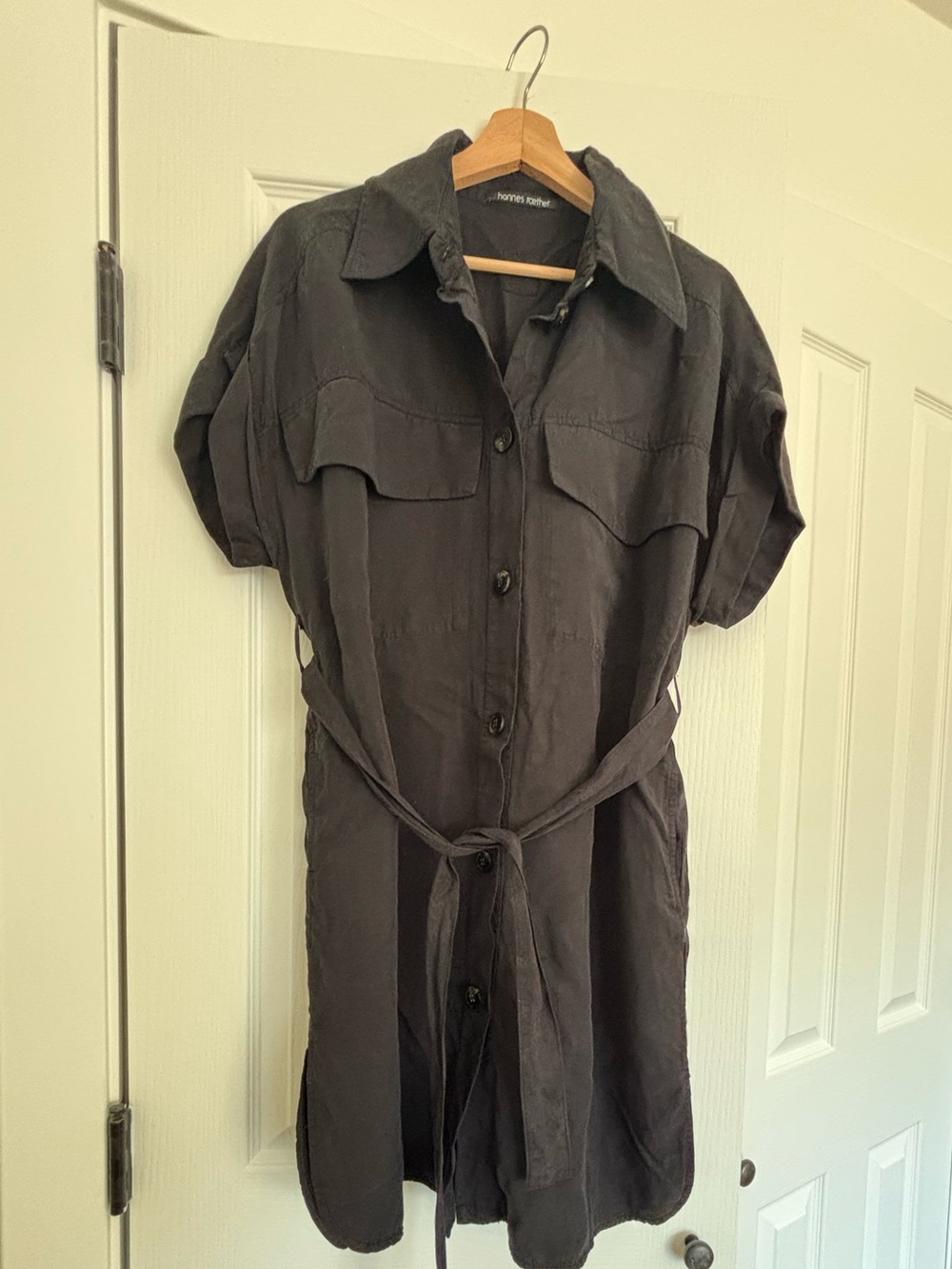 Short-Sleeve Shirt Dress with Tie Belt - Charcoal